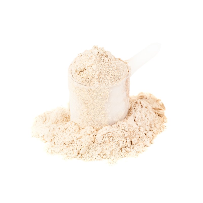 Life Extension, heaped scoop of cream coloured BCAA powder ( best protein powder) on top of a pile of powder on a white surface background.